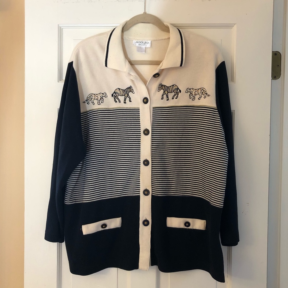 Adolfo Sport Navy/Cream Zebra/Leopard Cardigan